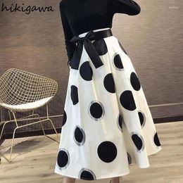 Skirts Elegant Polka Dot For Women 2024 Faldas Mujer De Moda High Waist Bandage Bow Jupe Summer Saia Korean Big Swing Skirt