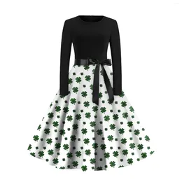 Casual Dresses Women Dress Fashion Lucky Four Leaf Clover Print Round Neck Long Sleeve Big Swing For 2024 St.Patrick's Day