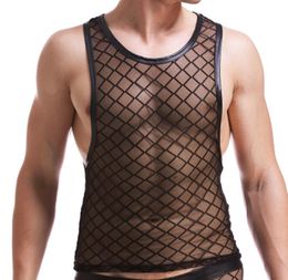 New men sexy Black Plaid Fishnet Tank Tops Gay bar Mesh Performance shirt Fitness vest Mesh transparent undershirts size XXL 1622898