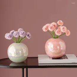 Vases Creative Simple Ceramic Vase Pink White Round Ball Pearl Powder Color Living Room Desktop Decoration