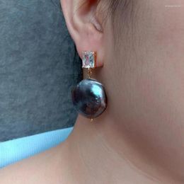 Stud Earrings Y.YING Women Dangle Freshwater Black Coin Pearl Drop