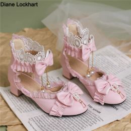 Boots Spring Summer Women High Heels Mary Jane Pumps Party Wedding White Pink Black String Bead Bow Princess Cosplay Lolita Shoes