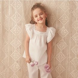 Girls Princess Short Sleeve Pyjama Sets.Vintage Toddler Kids Square Neck Lace Pyjamas Set Sleepwear.Summer Children Clothing 240418