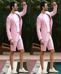 Summer Short Pants Pink Linen Men Suits for Beach Wedding Suits Groom Tuxedos Groomsmen Blazers Man Costume Homme 2Piece CY099016548