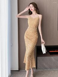 Casual Dresses Vintage Black Sequin V Neck Slim Prom Slip Dress Summer Silver Elegant Sleeveless Backless Evening Party Gold Long