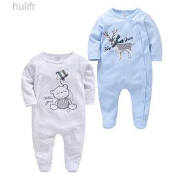 Rompers Kavkas 2 Pcs/set Baby Boy Rompers Long Sleeve 100% Cotton Cartoon Print Overalls 0-12 Months Autumn Girls Clothes Infant Costume d240425