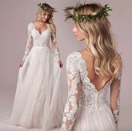 Tulle Long Sleeve Wedding Dresses Boho V-Neck Lace Appliques Bridal Gowns A-Line Open Back For Women Robe De Mariee