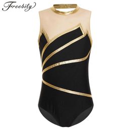 Stage Wear Kids Girls Gymnastics Leotard Sleeveless Shiny Metallic Ballet Dance Leotard Bodysuit Stage Performance Dance Costume d240425