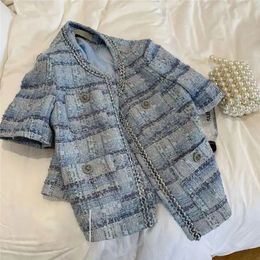 Summer Thin Temperament Tweed Top Small Fragrant Short Sleeved Jacket Chaqueta Mujer Plaid Shirts Crop Blazers Women Coat 240417