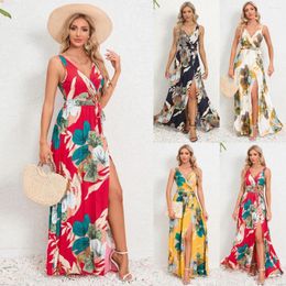 Casual Dresses 2024 Summer Female Floor-Length Long Skirt Camisole Printing Colourful Dress Double V-Neck Sleeveless For Commuting Party