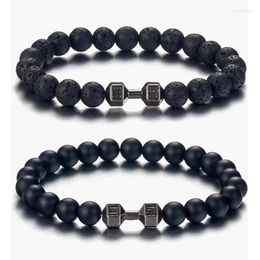 Charm Bracelets Natural Stone Dumbbell Beaded Bracelet For Men Classic Matte Black Volcanic Women Barbell Fitness Jewellery Gift