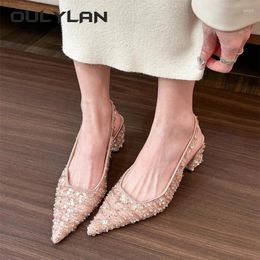 Casual Shoes Oulylan Elegant Slingback Bling Women Sandal Fashion Pointed Toe Shallow Slip On Ladies Med Heel Pumps