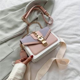 Shoulder Bags Fashion Chain Lady Sling Bag PU Leather For Women 2024 Wide Strap Panelled Colour Crossbody Sac Epaule