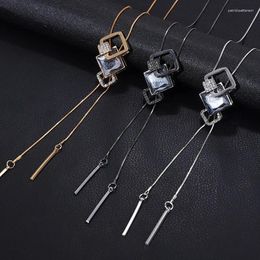 Pendant Necklaces Fashion Hollow Crystal Square Sweater Necklace Silver Gold Black Colour Chain Long For Women