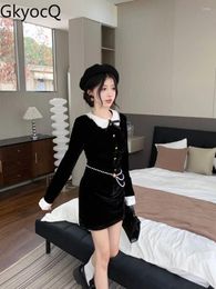 Casual Dresses GkyocQ French Retro Celebrity Temperament Women Dress Female Fall Long-sleeved Splicing Waist Slim Black Velvet Mini