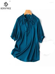 Women's Blouses Birdtree Women Silk Top 20 MM 93%Mulberry 7%Spandex Turquoise Blue Colour Half Sleeve Bow-tie Neck T Shirt Blouse T38410QD