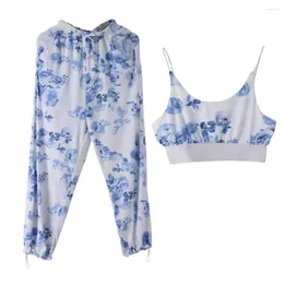 Women's Two Piece Pants Loose Fit Suit For Women Stylish Floral 2-piece With V-neck Camisole Wide-leg Trousers Work Parties