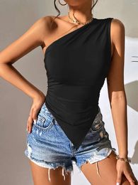 Women's Tanks Sexy One Shoulder Ruched Asymmetrical Hem Top Women Summer Casual Solid Color Pleated Sleeveless Tee Streetwear Y2K