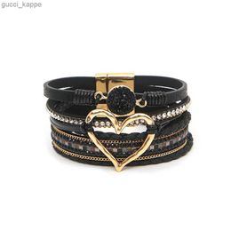 Beaded Love Heart Charm Leather Bracelets For Women Fashion Braided Bangles Multilayer Resin Stone Hollow Leather Wrap Bracelets