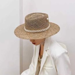 Wide Brim Hats Bucket Hats Summer str hat pearl pin womens summer seaside sunshine hollow groove flat top str hat sombrero J240425