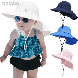 Caps Hats Summer Mesh Shawl Hat for Baby UV Protection Kids Bucket Hats with Windproof Rope Adjustable Light Breathable Beach Accessories d240425