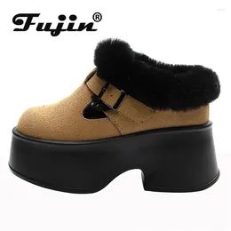 Dress Shoes Fujin 11cm Cow Suede Genuine Leather Spring Slides Zandalias De Mujer Autumn Buckle Winter Plush Women Platform Wedge Flat