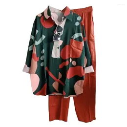 Women's Two Piece Pants Lightweight Two-piece Suit Colourful Print Shirt Set With Long Sleeve Blouse Wide Leg Trousers Casual For Ladies