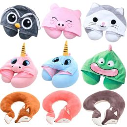 Pillow New U Shaped Neck Pillow for Aeroplane Travel Adults and Kids Travel Pillow Unicorn Cat Owl Pig Fox Memory Foam Hooded Pillows