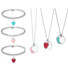 Fashionable and Popular Love Bracelet Women's Red, Blue, Pink, Simple and Versatile Oil Dropping Enamel Double Heart Necklace