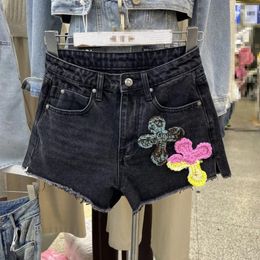 Women's Shorts 2024 Spring Summer Niche Design Colourful Embroidered Cross High Waist All-Match Denim