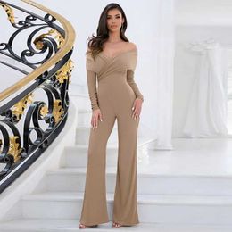 Kvinnors jumpsuits Rompers Cutenova Solid Slim Fit Jumpsuit Fold Cross Shoulder Length Sleed Sexig Backless Three Midje Strt High midje Jumpsuit Y240425