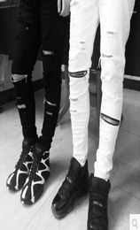 Men039s Jeans Ripped Men Skinny Destroyed Knee Leg Zippers Biker Fashion Brand Hip Hop Nightclub Swag White Black Jogger Pants16594709