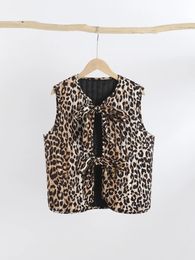 Street Leopard Print Bow Women Vest Y2K Fashion V-ringen Lace Up Lady Vest 2024 Spring Summer Chic ärmlös kvinnlig outwear 240424