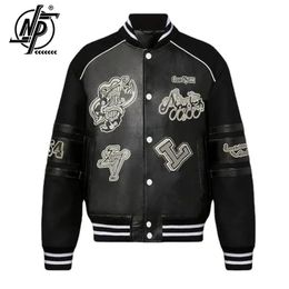 Mens Jackets PU Leather Jacket Men Women Autumn Loose High Street Letter Print Patchwork Motorcycle Baseball Bomber Outwear Casual Coat 230809