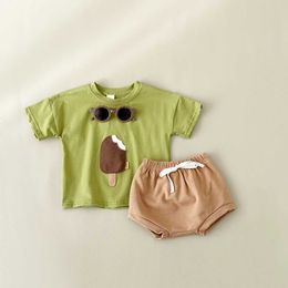 Clothing Sets 2PCS Baby Toddler Girls Boys Clothes Set Casual Ice Patch Short Sleeved T-shirt+triangle Shorts 2024 Summer Baby Suit H240425