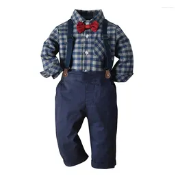 Clothing Sets Pudcoco Kids Baby Boys Autumn 2PCS Outfit Long Sleeve Lapel Button Up Plaid Shirt Blue Suspender Pants 18M-6T