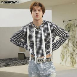 Men's T Shirts INCERUN Shirt Tassel Plaid Patchwork O-neck Long Sleeve Casual Camisetas Streetwear 2024 Stylish Male Crop Tops S-5XL