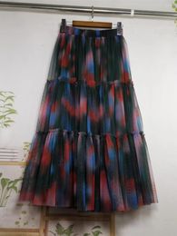 Skirts 2024 Spring Summer Women High Waist Slim Long Skirt Quality Sweet Dopamine Rainbow Gradient Tie Dye Mesh Cake