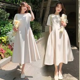 Maternity Dresses Summer Korean Style Pregnant Woman Elegant Dress Short Sleeve O-Neck Fashion Maternity Pleated Dress Plus Size Pregnancy Clothes