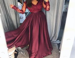 Deep Grape Satin Prom Dresses With Side Split VNeck Lace Applique Long Sleeve Evening Dresses Stylish Saudi Arabia ALine Party P7428746