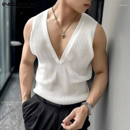 Men's Tank Tops INCERUN 2024 Handsome Deep V Vertical Stripe Knitted Hollow Leisure Streetwear Thin Sleeveless Vests S-5XL