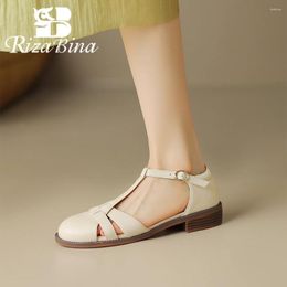 Sandals RIZABINA Women Summer Real Leather Round Toe Low Heels Casual Flat Shoes Female Buckle Strap Gladiator Handmade