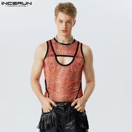 Stylish Casual Style Tops INCERUN Mens Pattern Hollowed Out Fake Two-piece Vests Handsome Male Printed Waistcoat S-5XL 240419