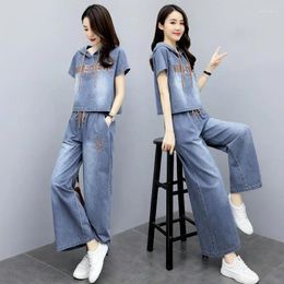 Women's Two Piece Pants Korean Fashion Embroidery Short Sleeve Hooded Top Wide Leg Suit Streetwear 2 Sets Women Vintage Matching Y2k