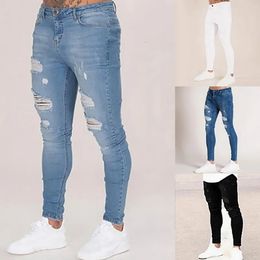 Pencil Pants Elastic Sweatpants Men Fit Solid Ripped Denim Harem Casual Black Blue White Destroyed Jeans 240417