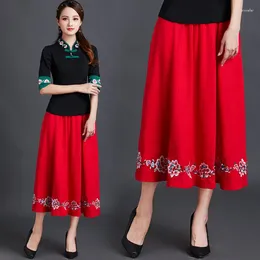 Skirts Ethnic Hanfu Skirt Vintage Chinese Style Printed Elastic Waist Women Dance Costume Cotton Linen Embroidered Elegant Black Red