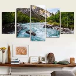 5 Panel Spring River HD Pictures Canvas Painting Green Mountain Waterfall Landscape Posters and Prints for Living Room Decor