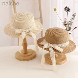 Caps Hats Princess Girl Summer Straw Hat French Lace Ribbon Bow Flat Top Hats Kids Sun Protection Cap Children Outdoor Beach Travel Visors d240425