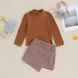 Clothing Sets Listenwind Toddler Girl Fall 2Pcs Outfit Solid Ribbed Long Sleeve Mock Neck Tops And Asymmetric Houndstooth Print Mini Skirt