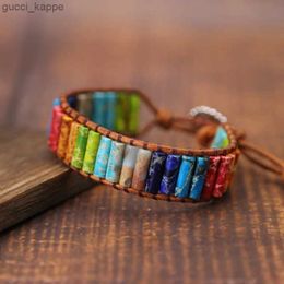 Beaded Chakra Bracelet Jewelry for Men Handmade MultiColor Natural Stone Tube Beads Leather Wrap Couples Bracelets Gifts Dropshipping